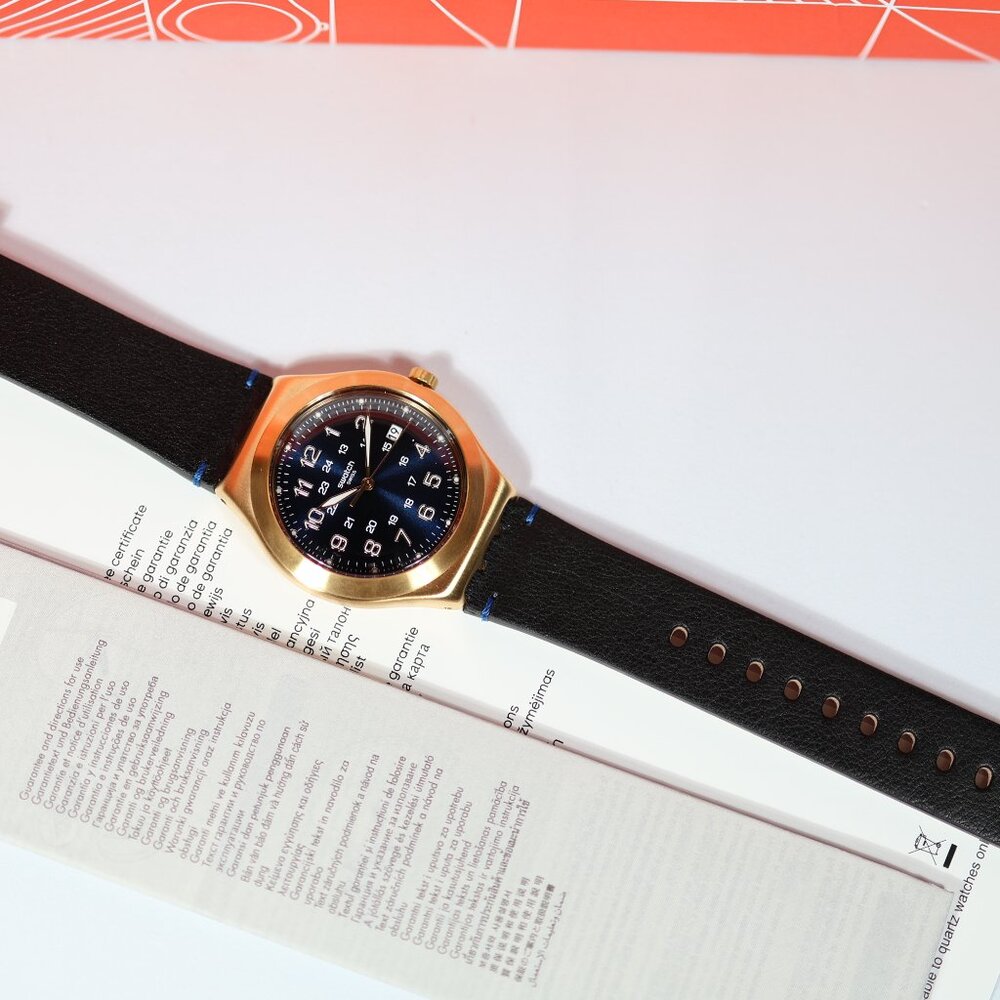 Limited Swiss Swatch Made Irony Gold Colored Blue Happy Joe Golden YWG408 41MM - Picture 3 of 10